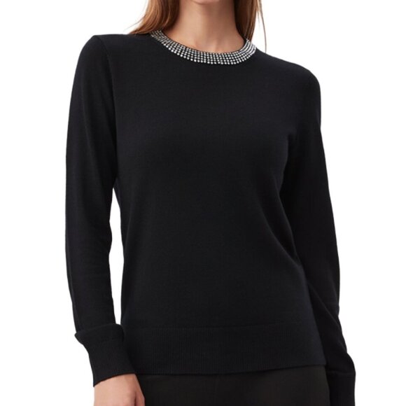 Trina Turk 'Laelia' Crystal-Neckline Merino Wool Sweater, Black - Picture 1 of 2